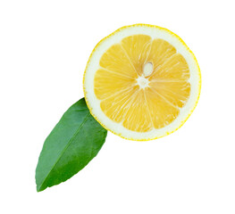 Front view of ripe yellow lemon fruit in one half with green leaf isolated on white background with...