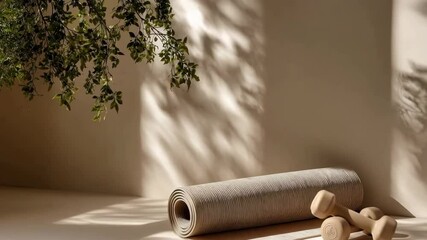 Gentle sunlight illuminates a yoga mat and dumbbells, casting shadows of a plant on a neutral background, a peaceful atmosphere for workouts. serene fitness environment for home exercise routine - Powered by Adobe