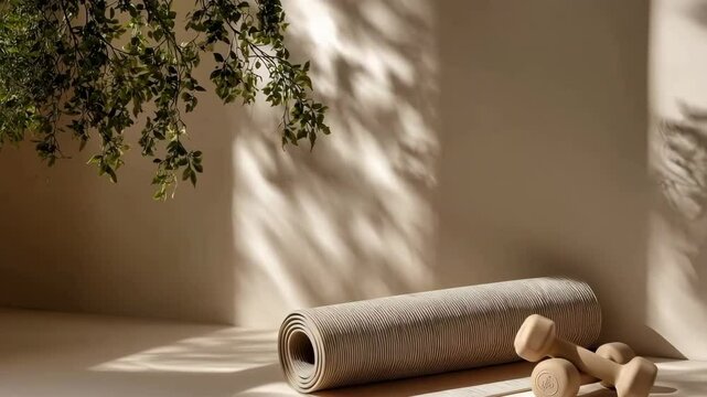 Gentle sunlight illuminates a yoga mat and dumbbells, casting shadows of a plant on a neutral background, a peaceful atmosphere for workouts. serene fitness environment for home exercise routine
