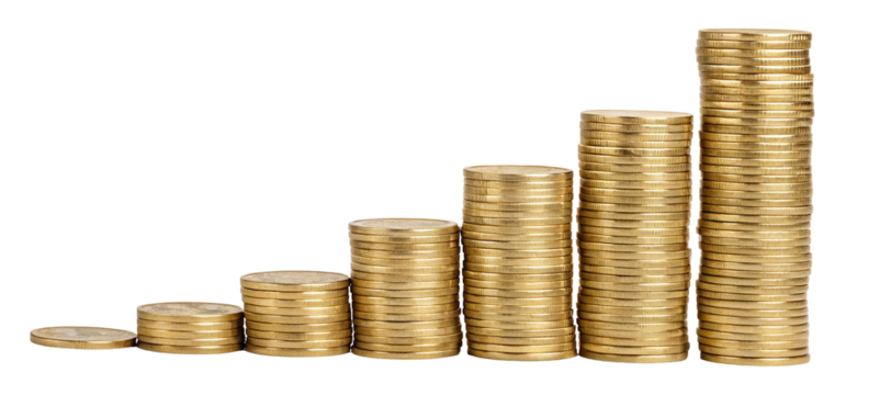 Stacks of gold coins arranged in ascending order on a black background representing financial growth