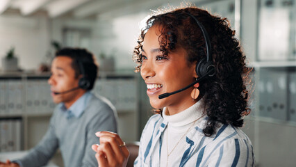 Microphone, happy and call center with business woman for virtual consultant, help desk and crm....