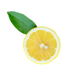 Front view of ripe yellow lemon fruit in one half with green leaf isolated with clipping path in...