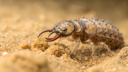 Antlion larva in a sand pit trap, side-view macro showing jaws and natural setting