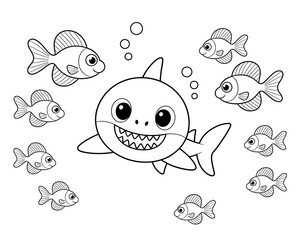 A cute cartoon shark character surrounded by cheerful fish in a monochrome outline perfect for coloring pages and children's design projects.