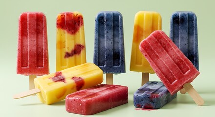 Assortment of Colorful Fruit Popsicles on Green Background mexican food