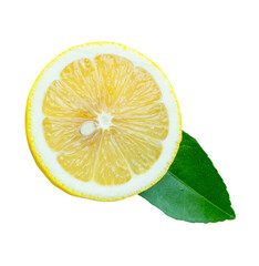 Front view of ripe yellow lemon fruit in one half with green leaf isolated with clipping path in...