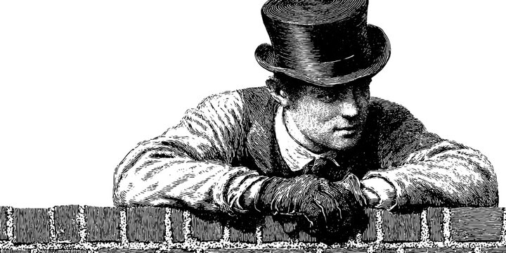 Engraved illustration of a victorian era chimney sweep and brick wall scene