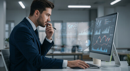 Professional analyzing data on modern computer in corporate office setup