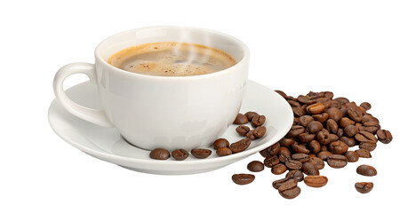 Fototapeta premium A white cup of coffee with steam on a saucer and coffee beans scattered nearby on a black background