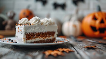 A beautifully crafted Halloween cake, featuring decorative elements like pumpkins, ideal for celebrating the spooky season with delightful treats and thematic flair.