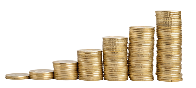 Stacks of golden coins arranged in increasing height on a black background indicating growth concept