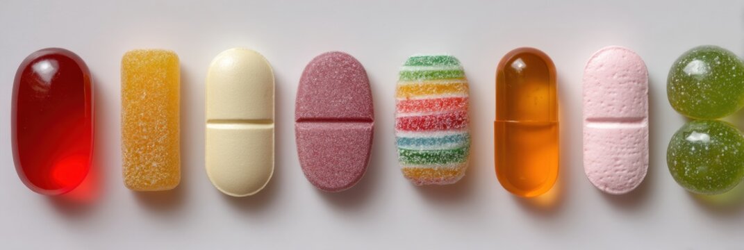 Comparison of Pills and Syrups Alongside Candy, Highlighting Similarities in Appearance in a Clean and Organized Display