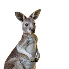 An inquisitive joey stands alert framed against a pure black canvas with on transparent background
