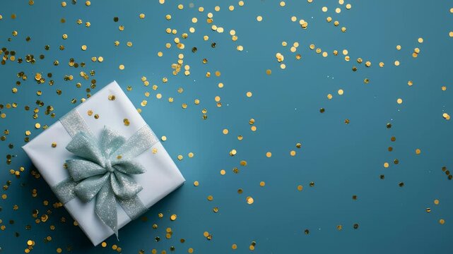 Wrapped gift with shiny bow on a blue surface with scattered confetti. Ideal for celebrations and special occasions. A symbol of giving, generosity and care.