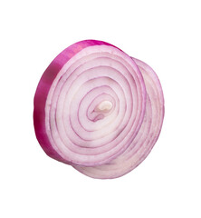 Fresh peeled red or purple Spanish onion in two slices in circle shape in stack isolated on white background with clipping path