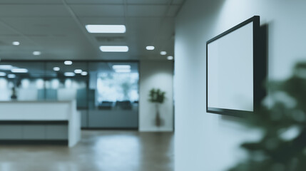 Office Interior with a Digital Screen: A modern office interior showcases a blank digital screen mounted on a wall, providing a clean and minimalist aesthetic.