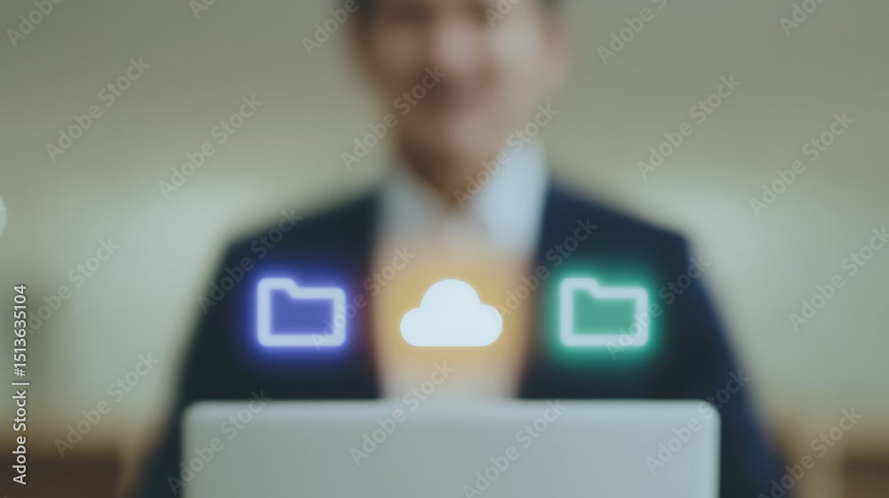 Poster cloud-based computing: a sophisticated professional in a suit engages with a modern laptop, symbols 