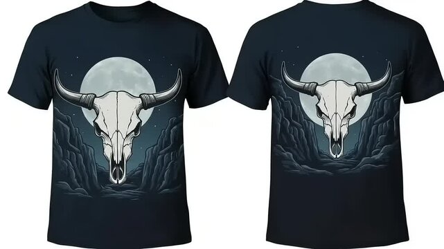 Dark-themed t-shirt featuring a bull skull design against a full moon backdrop in a mystical landscape