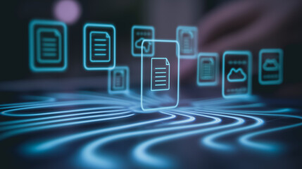 Digital Document Management: A luminous display of digital document icons glows, overlaid onto a tablet, hinting at the ease of accessing files.