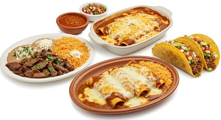 Delicious Mexican Food Platter: Enchiladas, Tacos, and Rice mexican food
