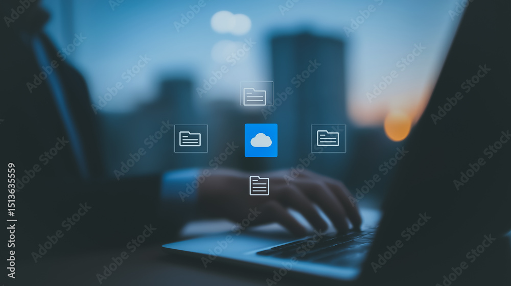 Poster cloud data integration: a close-up view of a person, in a professional setting, using a laptop to in