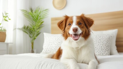 This delightful image portrays a content dog lying comfortably on a plush bed, radiating happiness and relaxation, epitomizing the bond between pets and their owners.