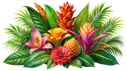 Fototapeta premium Vibrant tropical flower arrangement with lush green leaves isolated on transparent background