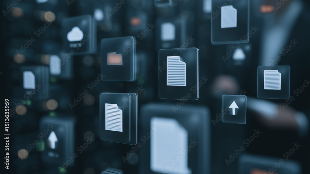 Poster digital files and cloud storage: an abstract, technological representation of digital files and clou
