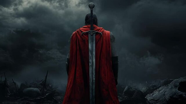 A medieval knight, viewed from behind, wears a red cloak and carries a large sword, standing on a battlefield. Fantasy battle game concept footage.