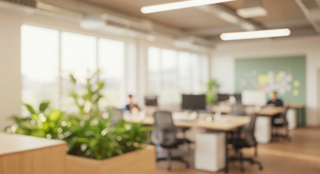 Vibrant open office blur with lush green plants & natural light. Fresh backdrop for eco-friendly & wellness themes.
