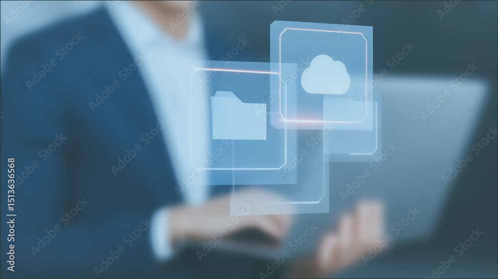 Poster data transfer in cloud computing: a professional figure, seamlessly blends with the digital realm. h