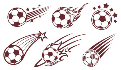 Dynamic Soccer Ball Icons, Monochrome Set with Motion Trails & Impact
