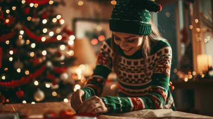 Festive preparations: a woman in a cozy sweater wraps gifts by the Christmas tree, spreading holiday cheer with her thoughtful gestures and the warm glow of Christmas lights.