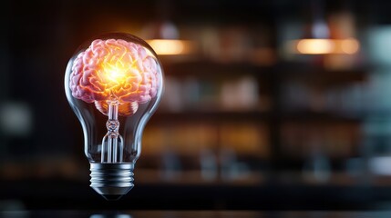 A stunning visual of a brain illuminated inside a glass light bulb symbolizes innovative thinking and creativity, representing the fusion of art, science, and human ingenuity.