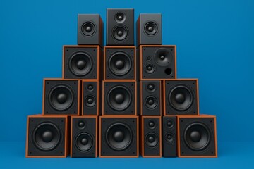 Fototapeta premium Modern Stereo Speakers Audio System Stacked Design Home Theater Powerful Sound Music Technology Equipment High Fidelity Audiophile Quality Speakers Professional Studio Recording Equipment Multiple 