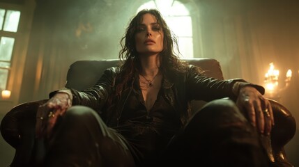 A captivating image of a woman exuding mystery and intensity, seated in a dimly lit room that enhances the intriguing atmosphere and emotional depth of the scene.