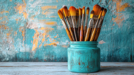 close-up of pastel colored paintbrushes standing in mint green jar on white surface, artistic workspace detail
