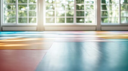 A beautifully designed yoga studio features colorful floors and natural light, creating an inviting environment for relaxation, mindfulness, and personal growth.