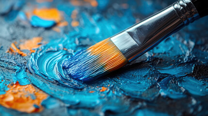 Fototapeta premium Close-Up of Paintbrush Resting on Swirled Blue and Orange Paint 