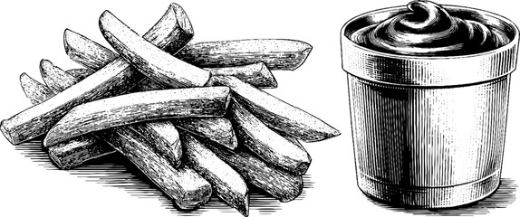Engraved illustration of french fries and ketchup serving for culinary design