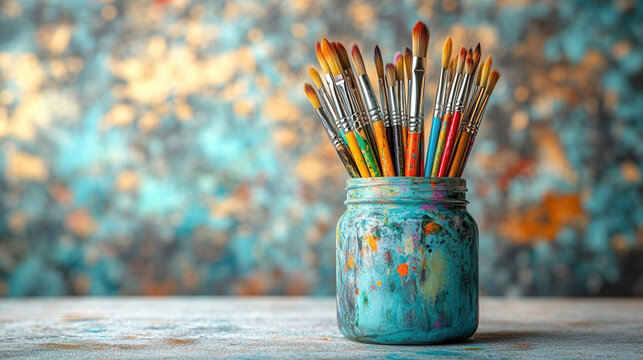 close-up of pastel colored paintbrushes standing in mint green jar on white surface, artistic workspace detail