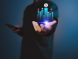 Businessman showing rising financial graph, increasing interest or investment fees, growing business profits, success in the economy.