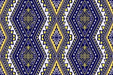 Geometric fabric pattern of triangles connected on blue background design for textile carpet fabric print wallpaper