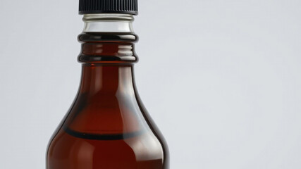 Dark Amber Syrup Bottle Photography Close Up Liquid Glass Container Vintage Style Culinary Ingredient Syrup in Glass