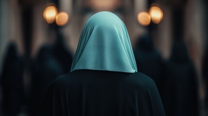 A lone figure wearing a flowing dark robe and a pale blue head covering stands in a crowd, representing anonymity and the intrigue of hidden identities in society.