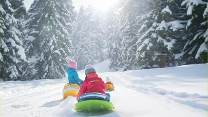 Two children wearing bright winter clothing slide down snowy hill on yellow and green plastic sleds through snow-covered forest creating joyful winter recreation scene with falling snow - Powered by Adobe