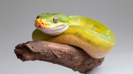 A vibrant green python lays comfortably on a branch, displaying its scales vividly under soft light, showcasing nature's beauty and the unique design of this reptile's form.