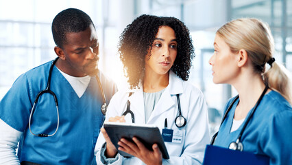 Medical, meeting or tablet with doctors and nurses in hospital together for discussion or report....