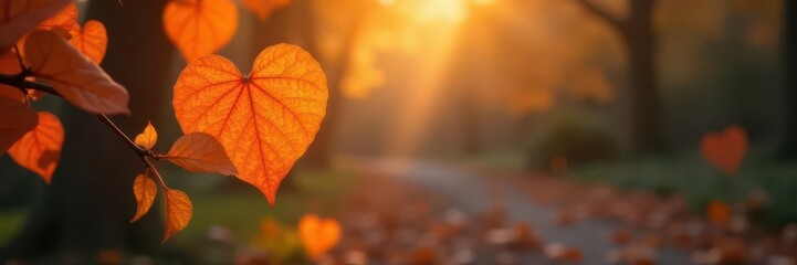 Orange heart-shaped foliage, blurred background, inviting atmosphere, template, glow, orange