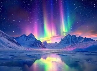 Naklejka premium A beautiful view of the Aurora Borealis dancing above snow-covered mountains, reflecting in an icy lake at night with stars shining brightly in the sky. The colorful lights form delicate patterns acro